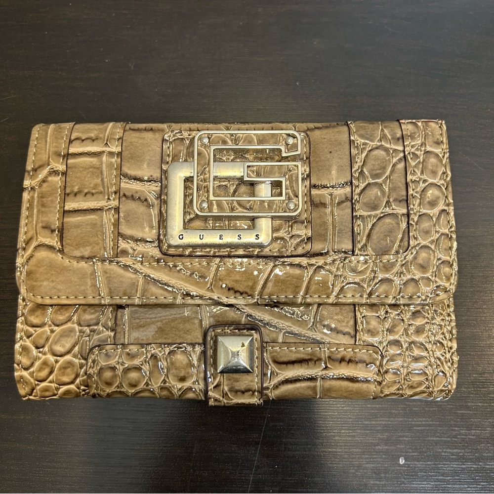 Guess Croc Embossed Patent Leather Tri-Fold Compact Wallet Taupe